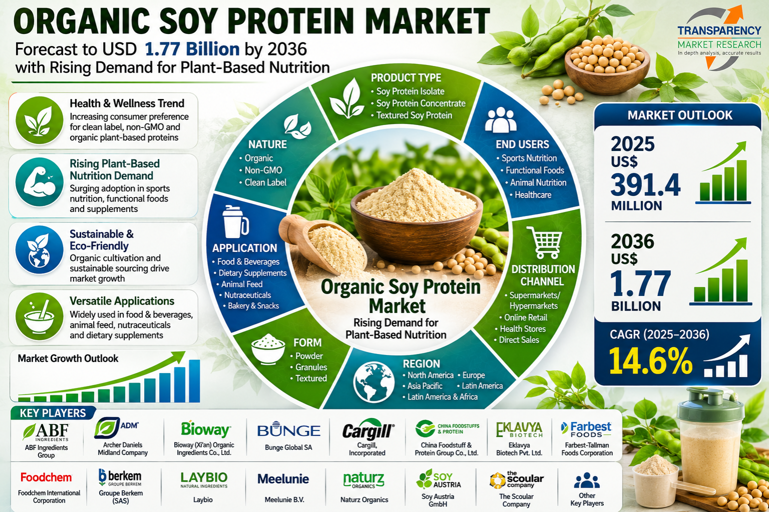Organic Soy Protein Market Size Forecast to USD 1.77 Billion by 2036 with Rising Demand for Plant-Based Nutrition – Analysis by Transparency Market Research